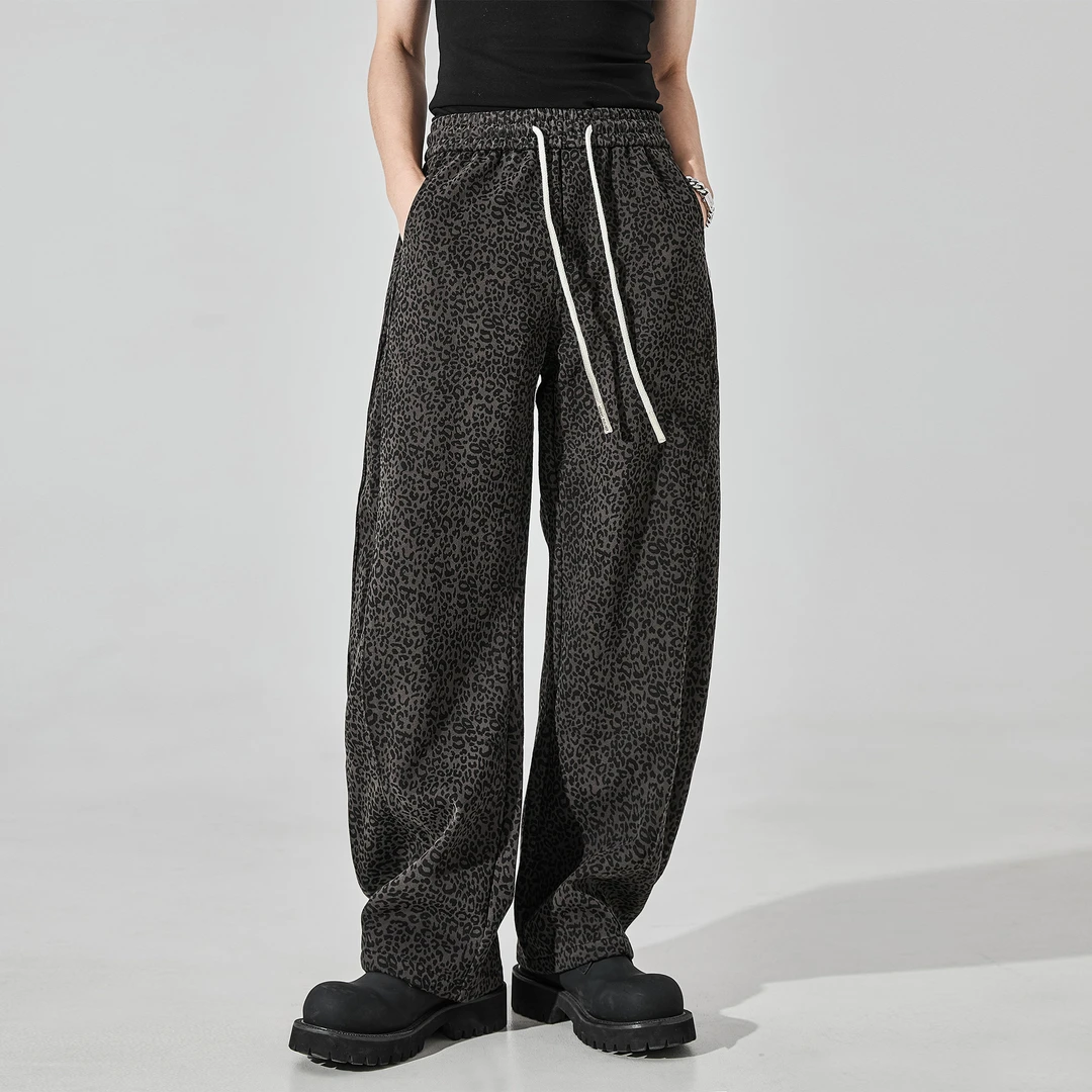 美式豹纹弯刀休闲裤男女同款夏季重磅宽松直筒复古高街垂感长裤子