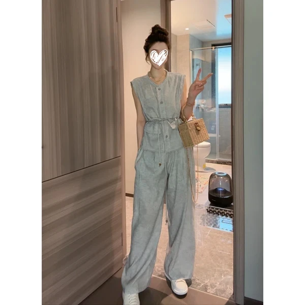 时尚气质套装马甲上衣薄款西装阔腿直筒裤高级感两件套洋气衣服女