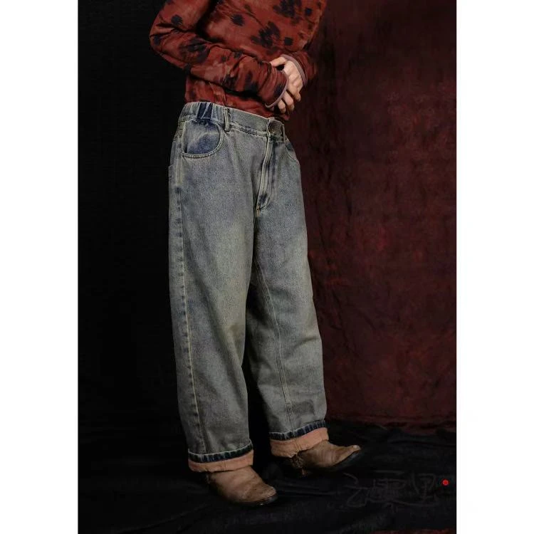 云雾里 原创设计复古文艺做旧双层牛仔棉裤 1073