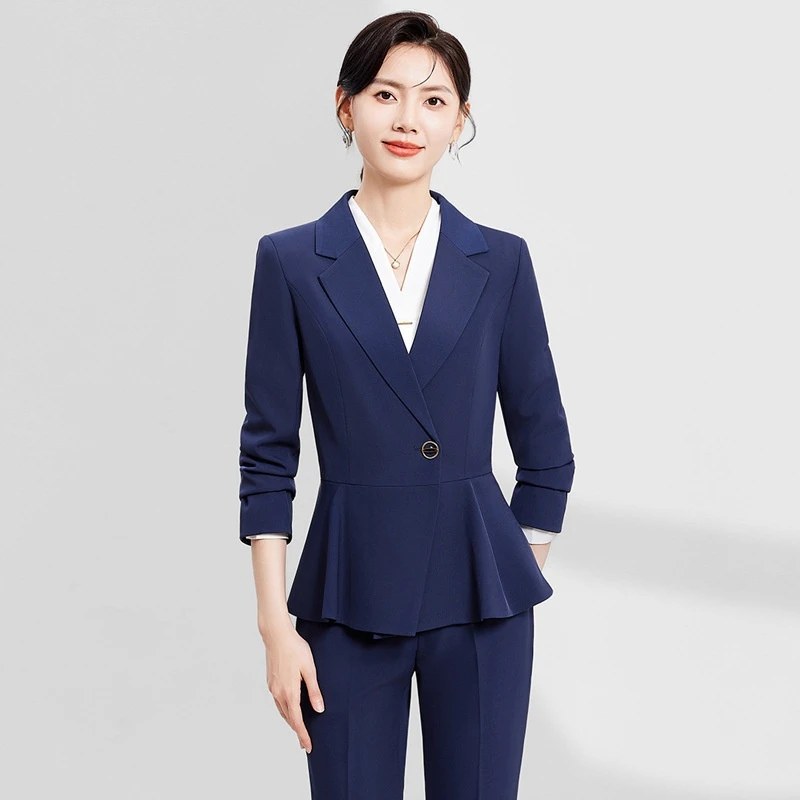 蓝色职业西装套装女高级感2025新款美容院气质工作服西服外套秋冬