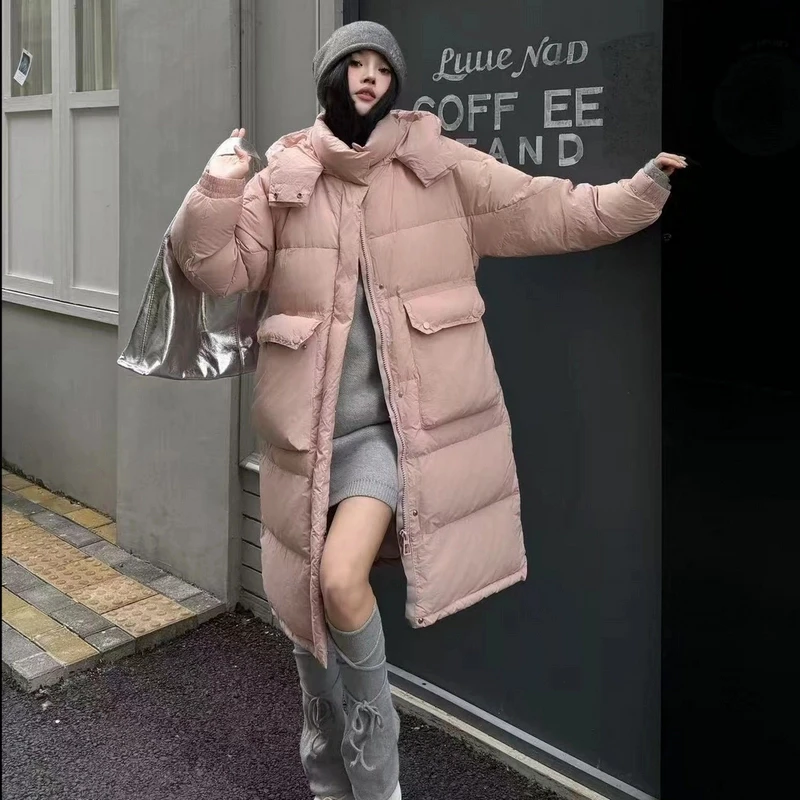 2025冬时尚中长款百搭冬季收腰连帽加厚白鸭绒羽绒服外套810