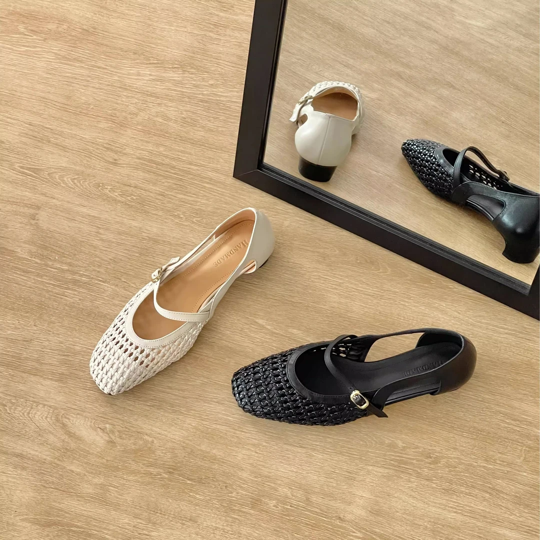 HUSSLOVE 牛皮+编织·跟高3CM·时尚百搭编织镂空侧空一字带单鞋