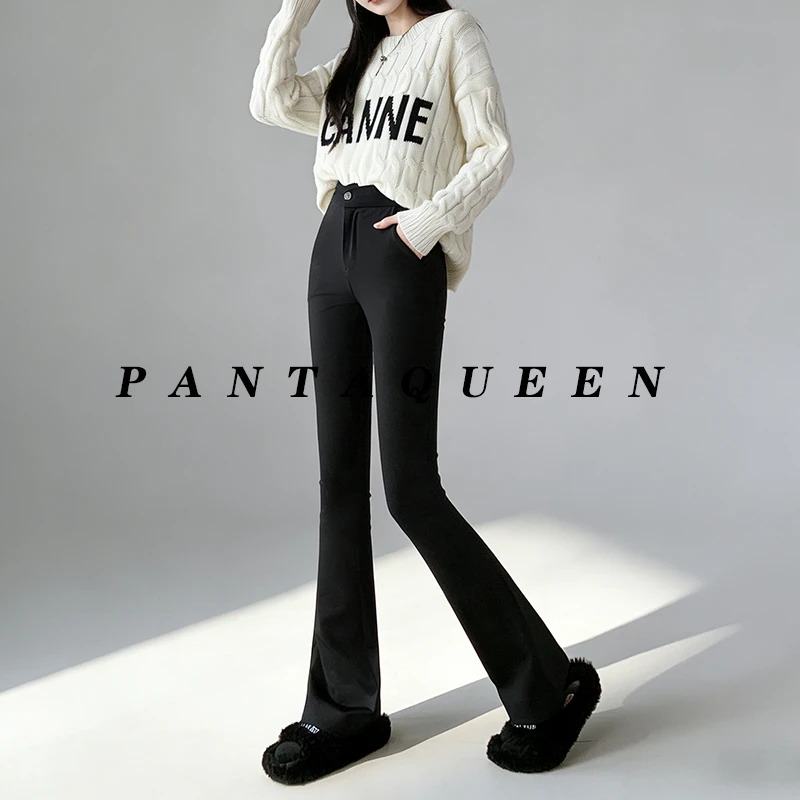 秋冬黑色修身高腰外穿喇叭裤加绒松紧腰休闲裤微喇裤时尚弹力百搭