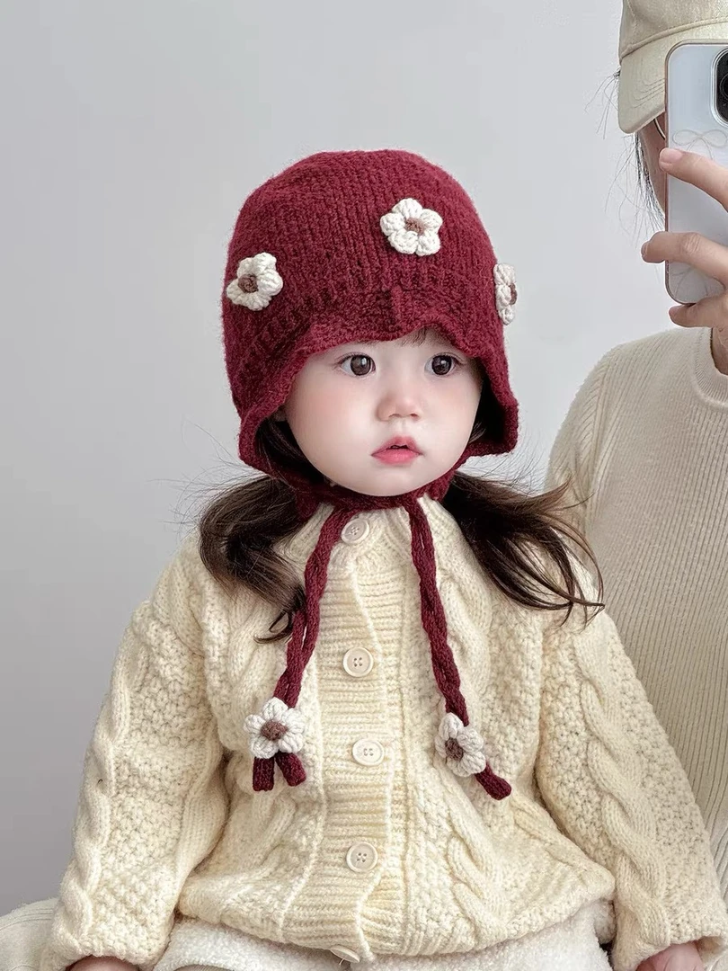 儿童帽子秋冬季保暖加厚防风护耳帽女宝宝韩系花朵防风出游毛线帽