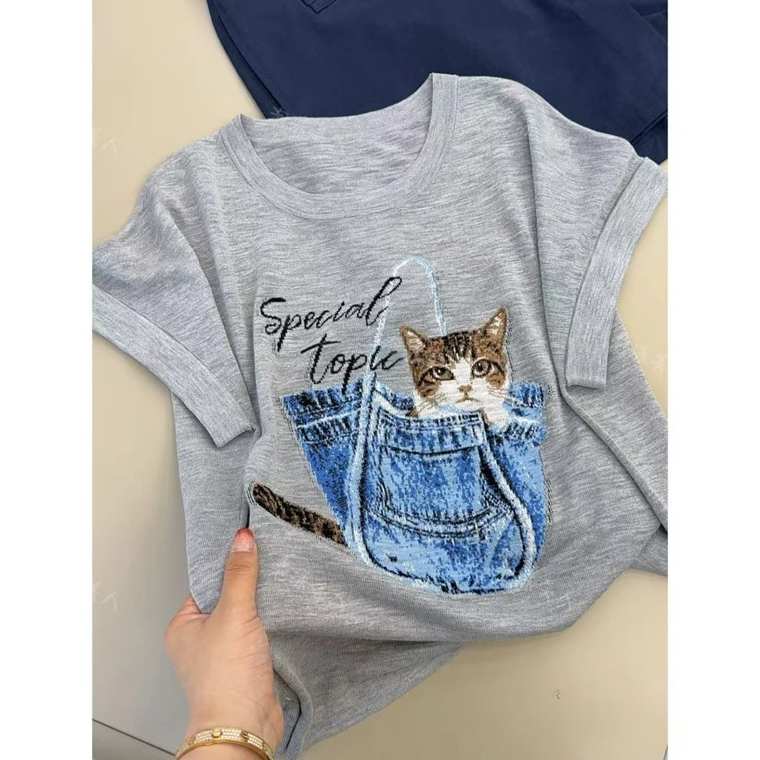 牛仔口袋猫」薄款凉感醋酸亚麻圆领欧若风短袖针织衫女夏25新款 57