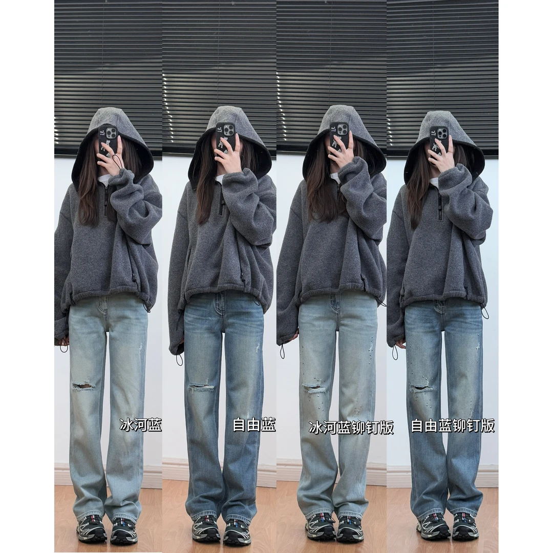 世界尽头的奇遇秋季牛仔裤窄版直筒阔腿女复古烫钻铆钉破洞蓝色
