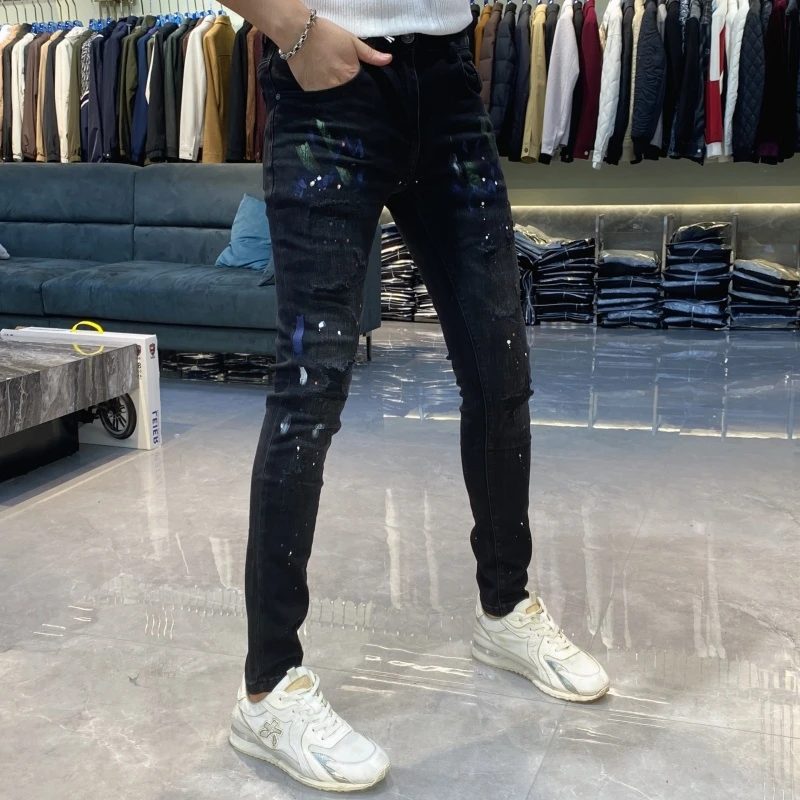 【也许家】新品男士秋冬破洞补丁修身小脚裤潮流弹力个性男裤EE7679