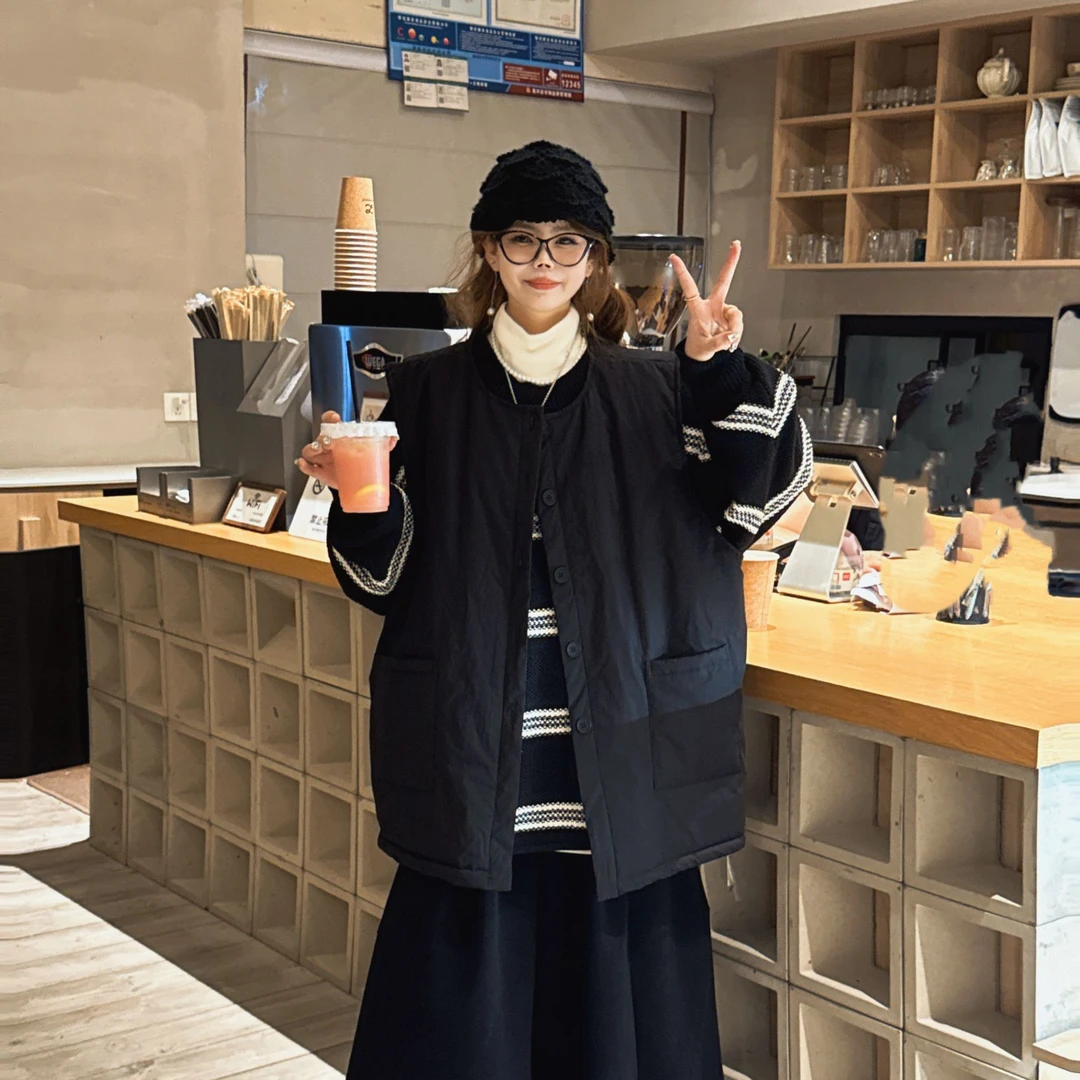 小林家日韩系通勤风圆领休闲大版马夹厚款女口袋冬季纯色