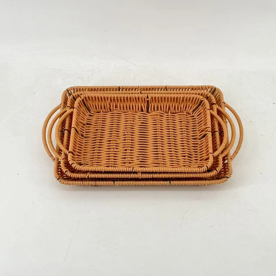 TH18【捡漏】长方形棕色托盘带把手三件套水果篮纯手工编织