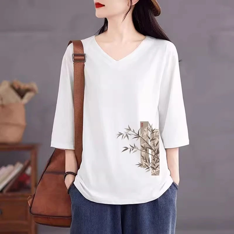 清仓捡漏~100%纯棉夏季新款鸡心领t恤宽松大码胖mm印花七分袖上衣