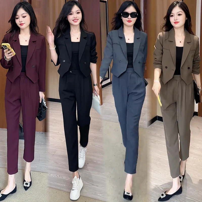 【有间】时尚西装套装女秋季时髦气质显瘦短款西服外套直简裤两件套