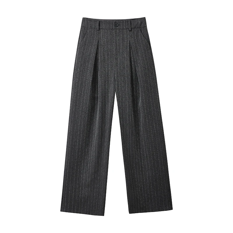 【达人专享】复古条纹直筒休闲裤烫钻显瘦西装裤D08BKN9003