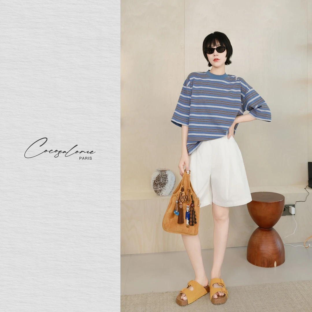 韩彬彬"彩条"100棉吸湿排汗韩系百搭半袖极简休闲条纹T恤983Y-2