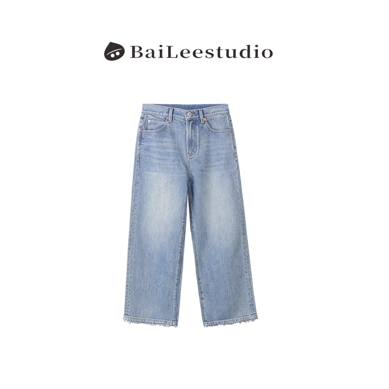 【柏栗良品】2025春夏新品韩范简约水洗裤脚须边百搭宽松牛仔裤5457