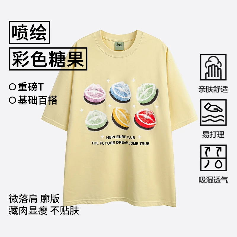 美式复古彩色糖果印花半袖T恤女2025夏季新款宽松情侣款百搭短袖