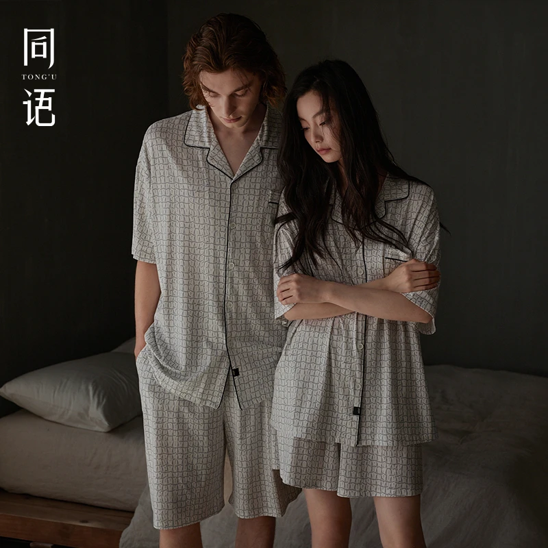 同语25年夏季莫代尔棉睡衣情侣装一男一女短袖套装夏天凉感家居服