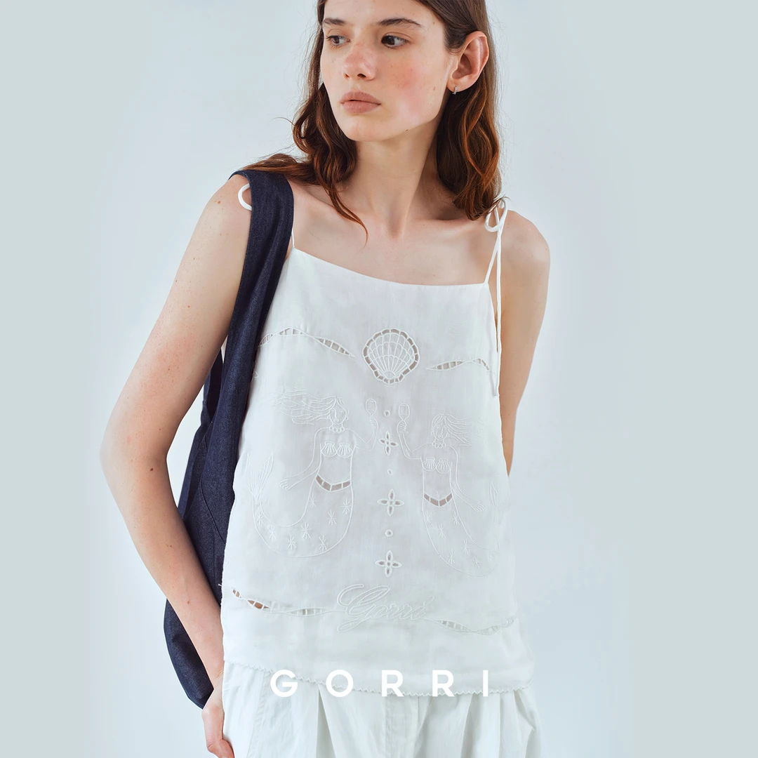 GORRI夏季苎麻派对人鱼镂空重工刺绣吊带上衣透气轻薄蝴蝶结背心