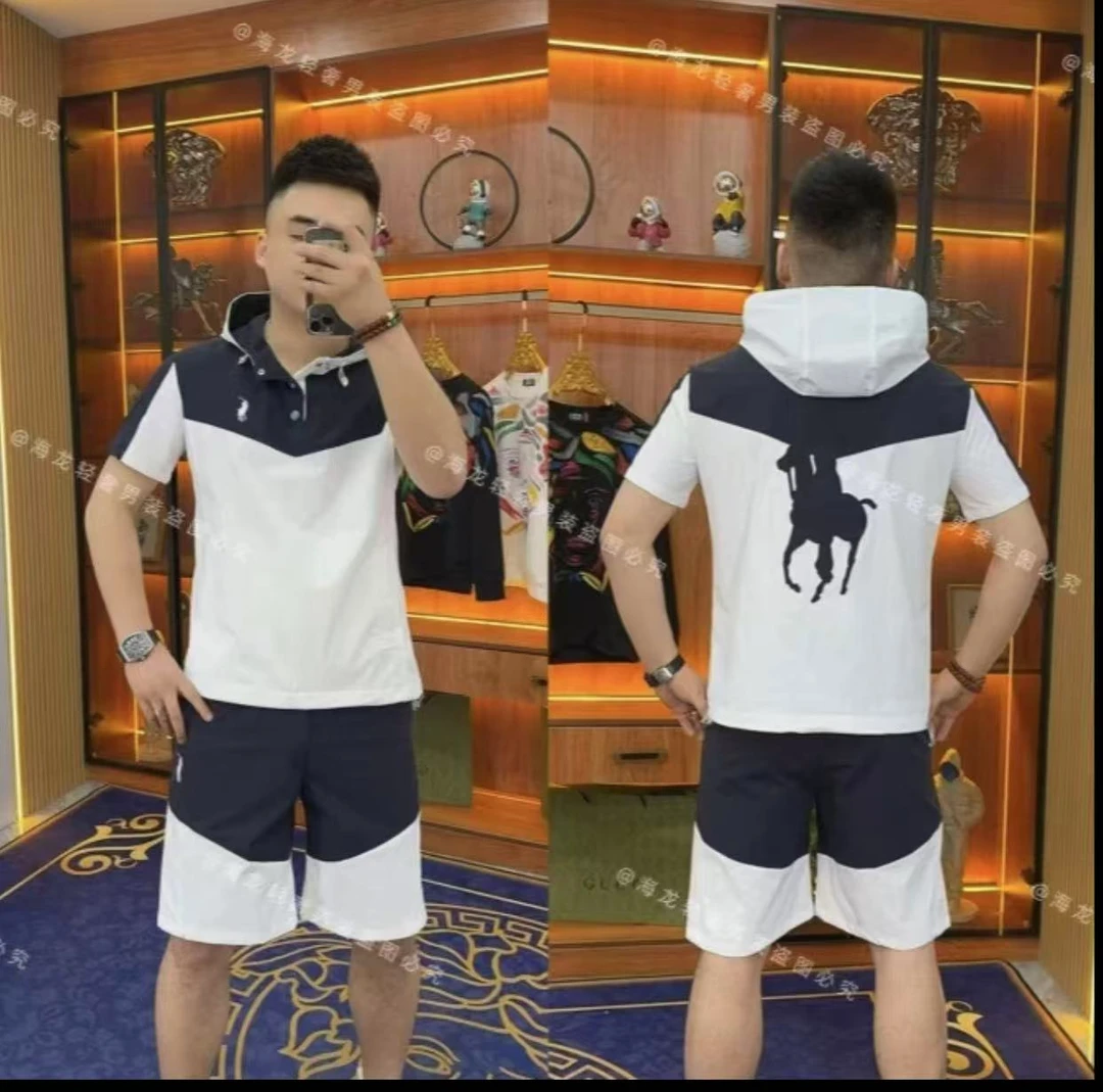 666-38 战马拼色短袖短裤套装 潮款运动套装潮流高端夏季男装套装