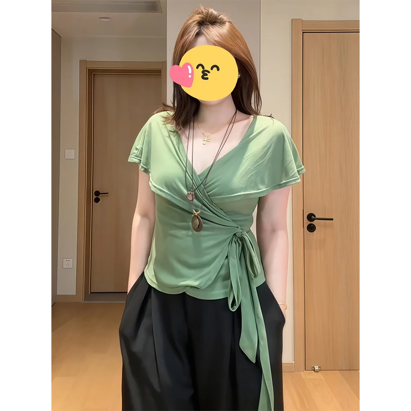 设计感小众抽绳折褶百搭t恤上衣新款2025夏季大码不规则方领短袖