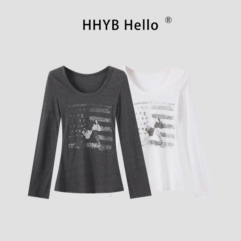 HHYB Hello印花U领长袖显瘦T恤女秋季2025新款独特漂亮上衣250727