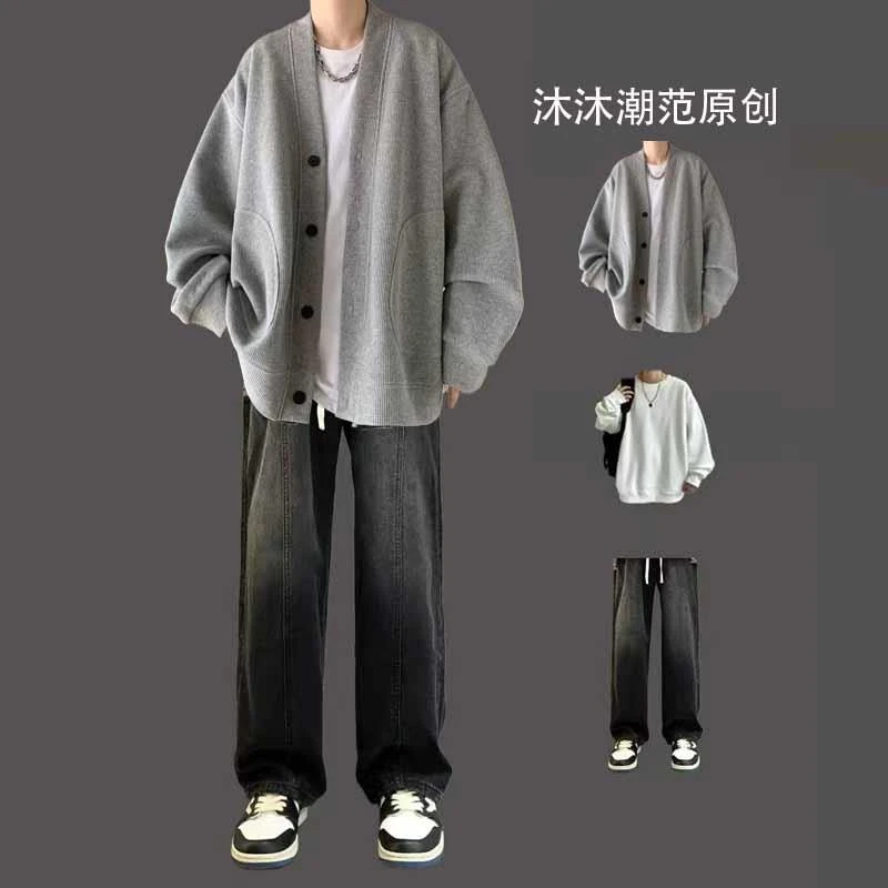 华夫格开衫外套男生春秋款美式痞帅潮牌青少年高街穿搭牛仔裤宽松