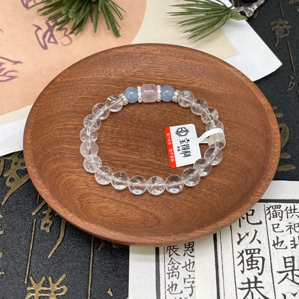 天然白水晶单圈手串配冰透粉晶顶珠 原创设计 多样性发—BSJ80320