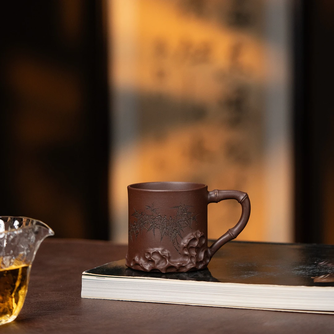 【利贞l竹节湖石主人杯】李建军制 原矿紫玉金砂 约210cc紫砂壶茶具