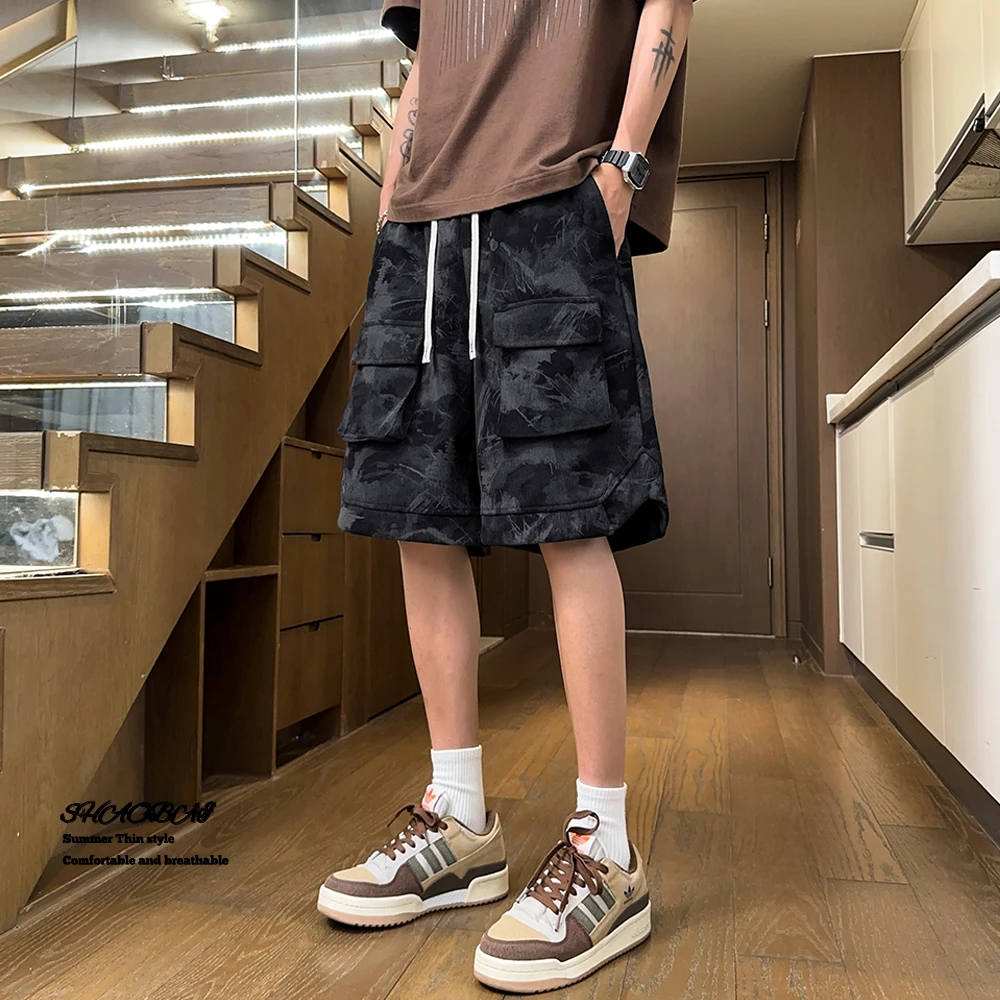 设计感扎染工装短裤男夏季美式潮牌宽松百搭五分裤子男款休闲中裤