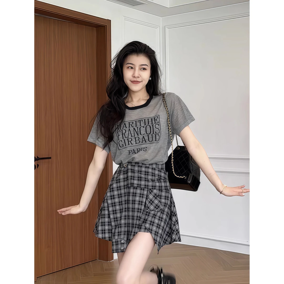 圆领针织衫女夏季冰丝薄款字母提花气质百搭减龄t恤韩版时尚小衫