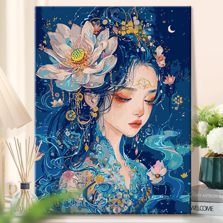 蓝梦月影|diy数字油画填充手绘插画治愈系减压涂色画客厅玄关挂画