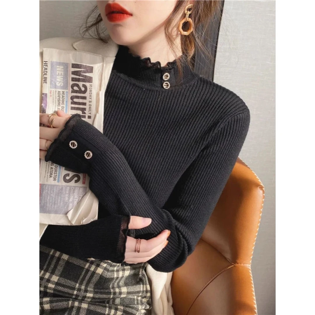 【工厂直销】白色针织打底衫女春秋冬时尚洋气内搭蕾丝半高领毛衣