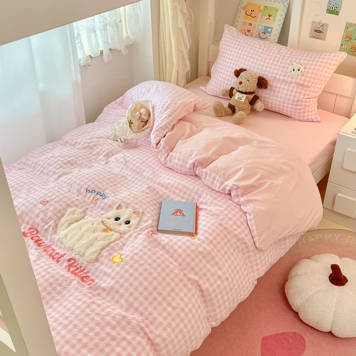 A类兔毛绒贴布绣床单宿舍三件套卡通ins风水洗棉四件套