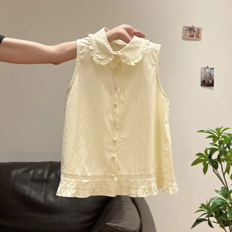 简约黄色polo吊带背心女夏季新款甜辣妹外穿木耳边无袖上衣设计感