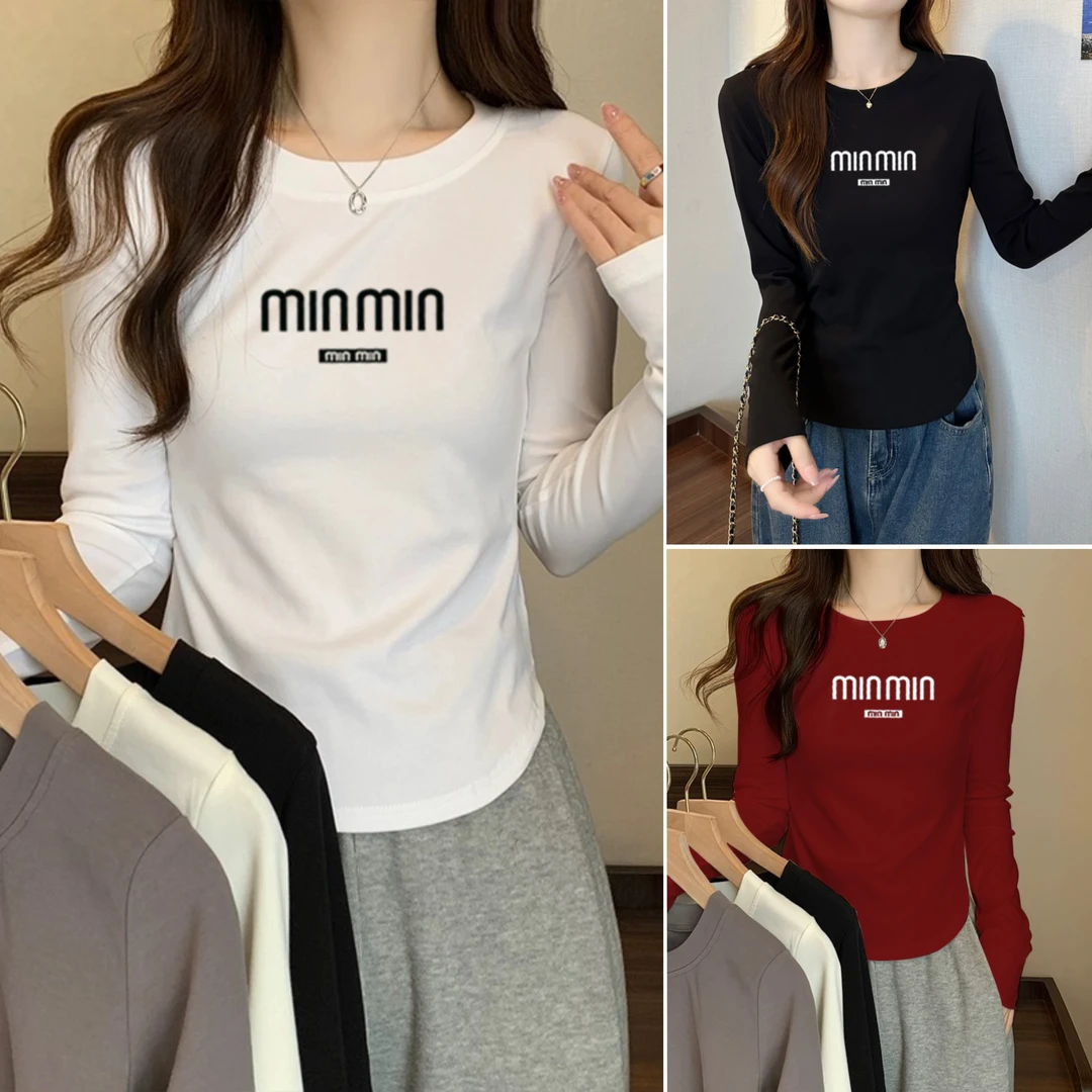【minmin】秋季纯色长袖打底衫女修身显瘦百搭圆领T不规则上衣1602
