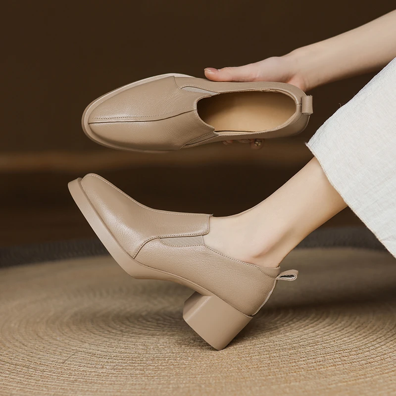 羊皮5公分/春季新款中跟尖头真皮厚底单鞋英伦风时尚粗跟百搭女鞋