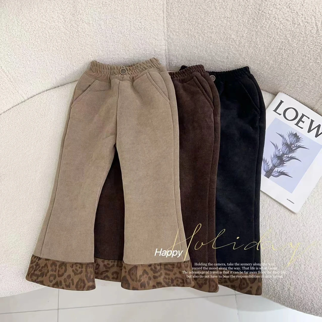 汤圆家童装2025新款豹纹拼接加绒喇叭裤 XA-526
