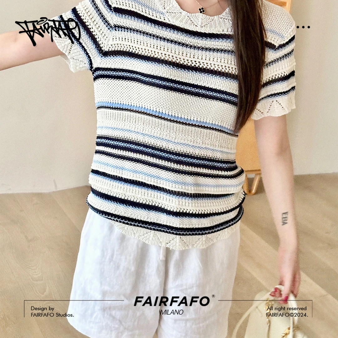 FAIRFAFO林肉肉【休闲镂空条纹毛针织短袖】DJ24DX198小香风气质T恤