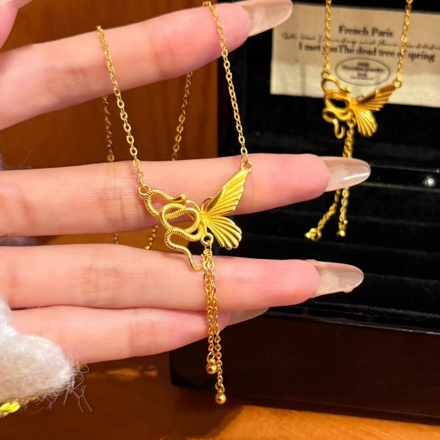 合金项链 金灵蛇与蝴蝶流苏项链金店同款古法沙女新中式锁骨链