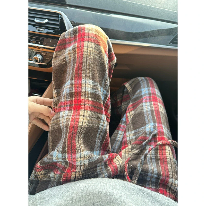 美式复古cleanfit红色撞色格子男欧美街头复古裤子宽松直筒阔腿裤