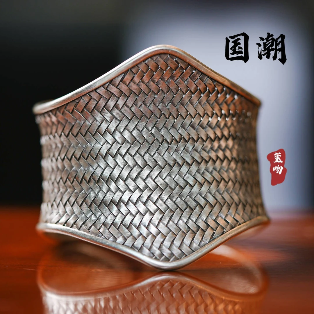 足银手镯 【玺吻】足银纯手工做旧编织开口手镯头盔两用手镯SZ005