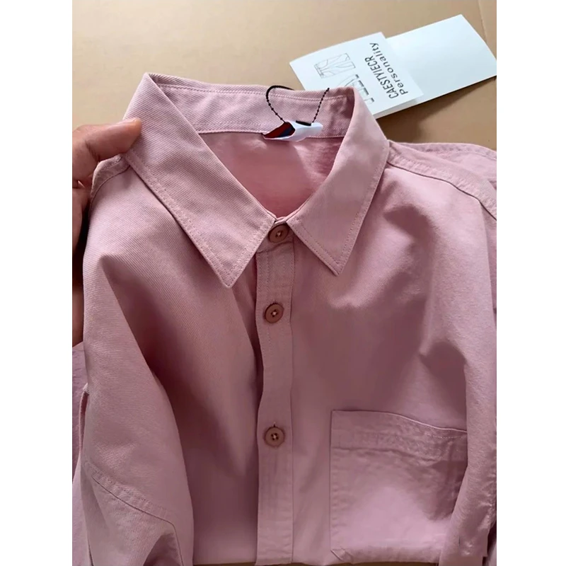 粉色长袖衬衫女生春秋款高级感美式复古纯棉衬衣小众情侣休闲外套