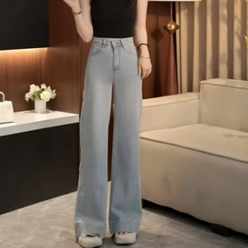 2025韩版新款宽松百搭垂感阔腿牛仔裤高腰显瘦弹力浅色微喇叭裤女