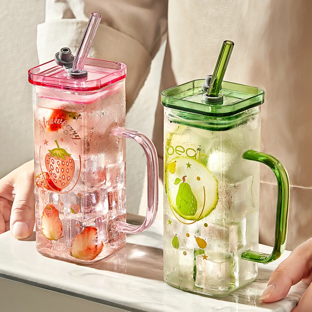 2025新款女生水杯吸管水杯方形玻璃杯带把手带盖家用高颜值ins风