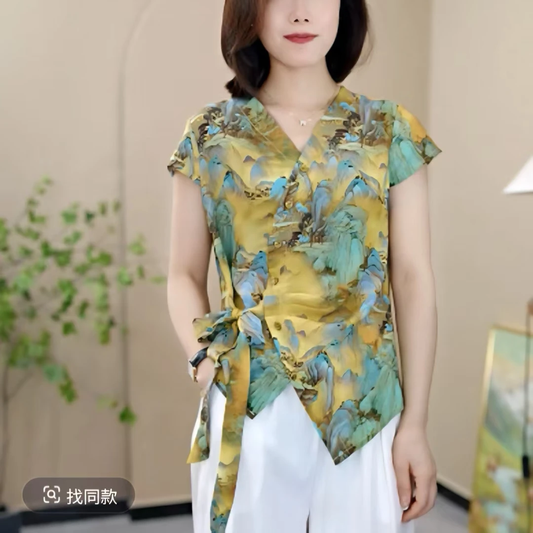 新中式绿色轻薄打底衫系带V领T恤短袖显瘦女士复古