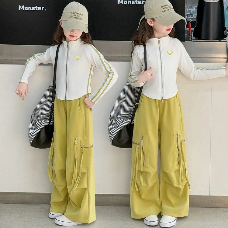 女童针织外套工装裤套装春秋2025新款中大童立领洋气短款潮酷炸街