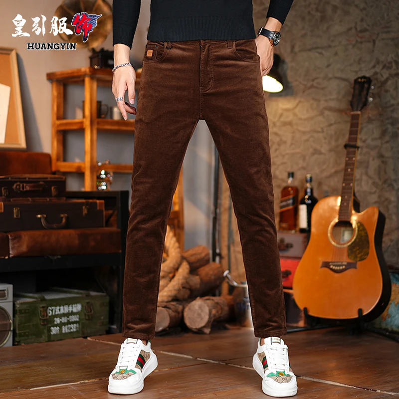 高端秋冬爆款摩卡棕灯芯绒裤男士修身小脚百搭莫代尔休闲裤子男款