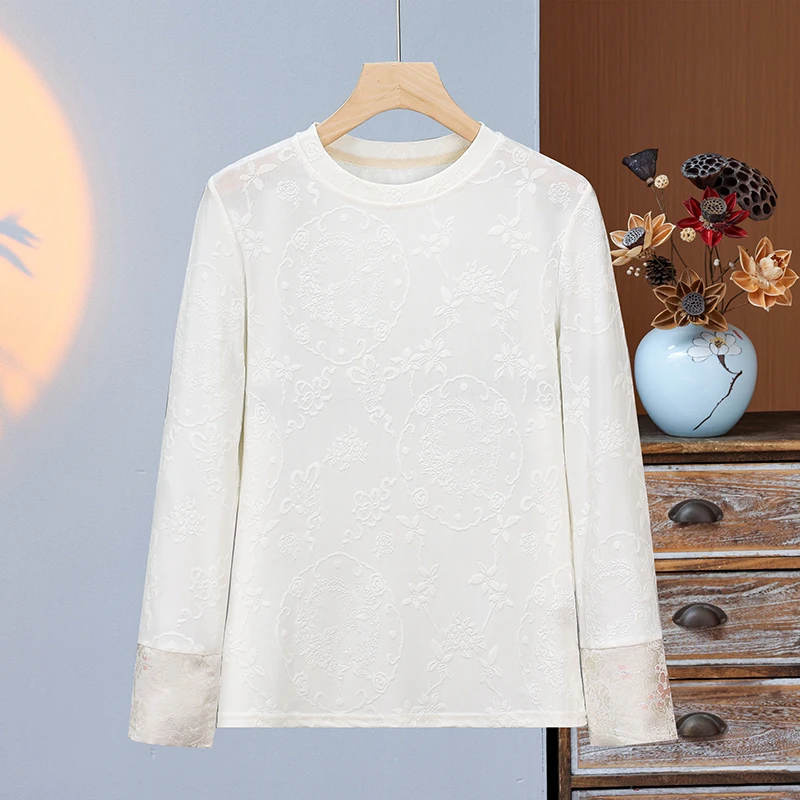 新中式国风 [月下] 针织提花袖口刺绣桃花打底百搭年轻内搭纯色