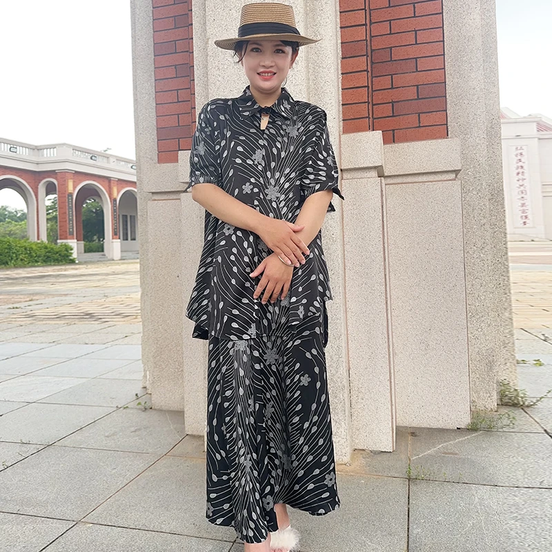 时尚休闲套装女夏季新款宽松大码中年妈妈短袖上衣阔腿裤子两件套