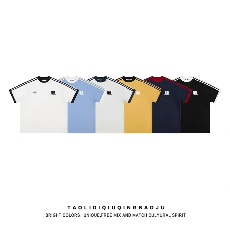 300g重磅纯棉三条杠运动短袖T恤夏季情侣宽松学生圆领86