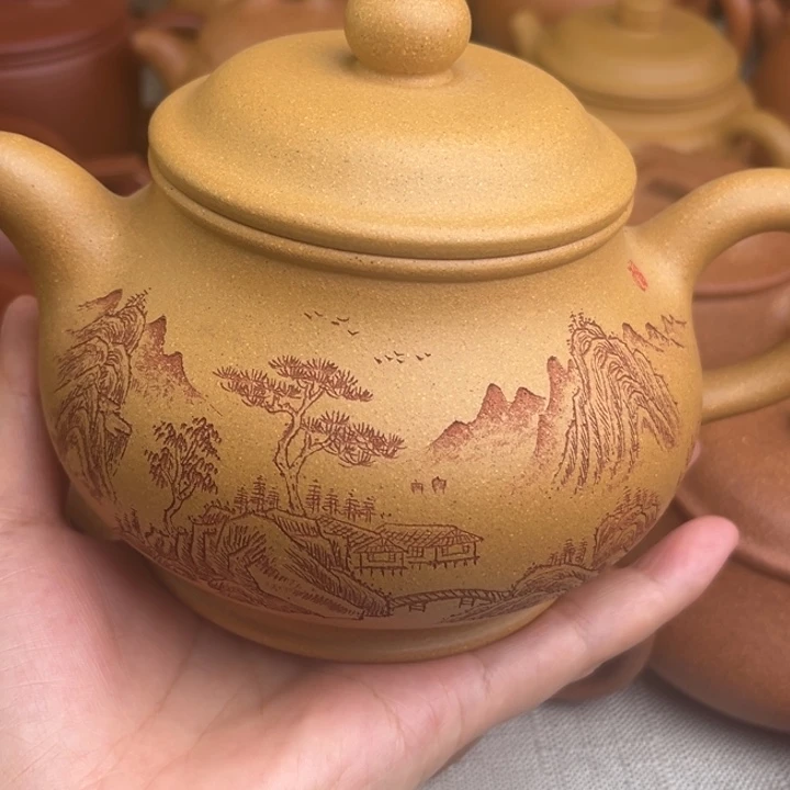 茶壶紫砂原矿黄金段刻绘潘壶精工半手500➕2杯